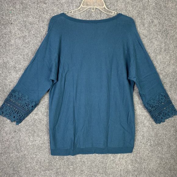 Talbots Sweater Long Sleeve With Crochet Cuffs Fine Knit Women L Teal Green - Picture 7 of 11